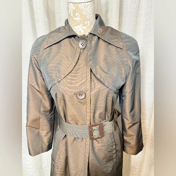 Via Spiga Brown Zebra Jacquard Trench Coat XS Belted Lightweight - Picture 3 of 13